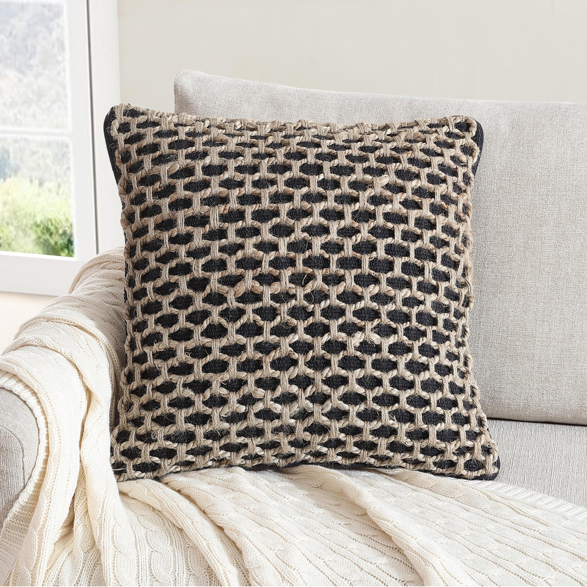 Boho Living Jada Decorative Throw, Includes Accent, Premium Woven Design, Living Room Décor, (1) 20" x 20" Pillow Cover with Insert, White