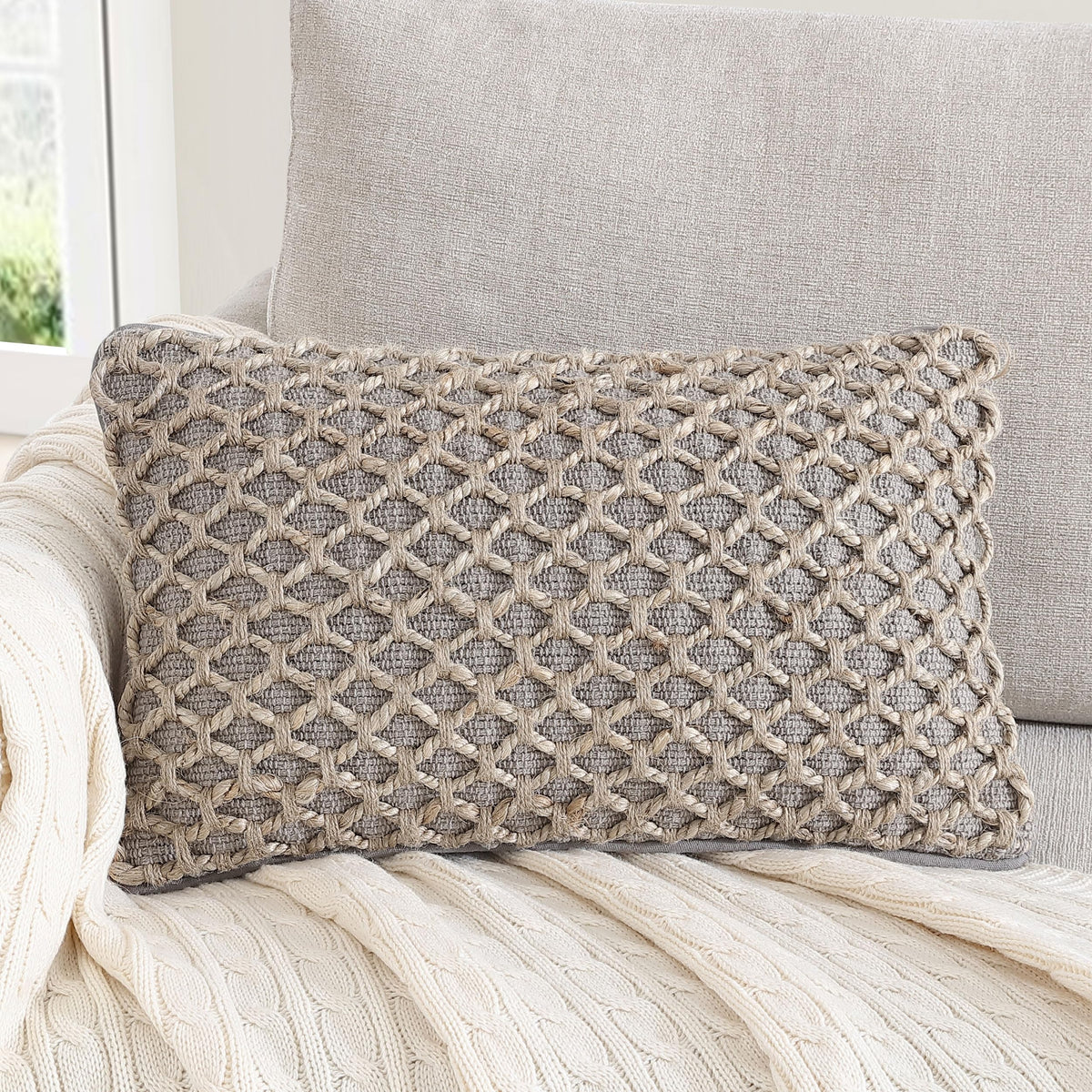 Boho Living Jada Decorative Throw, Includes Accent, Premium Woven Design, Living Room Décor, (1) 20" x 20" Pillow Cover with Insert, White