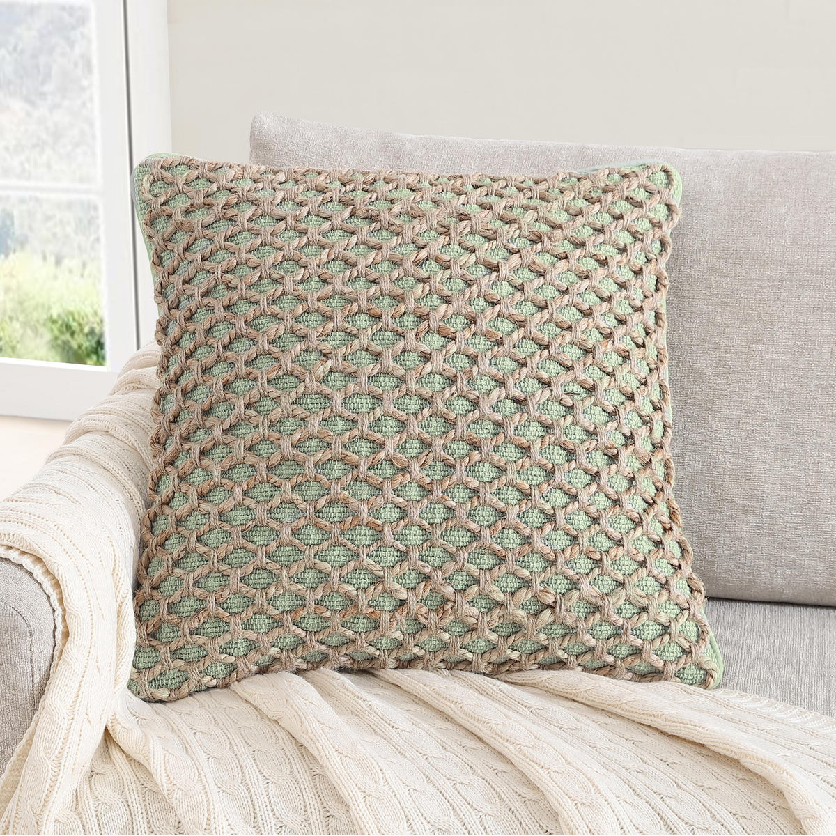 Boho Living Jada Decorative Throw, Includes Accent, Premium Woven Design, Living Room Décor, (1) 20" x 20" Pillow Cover with Insert, White
