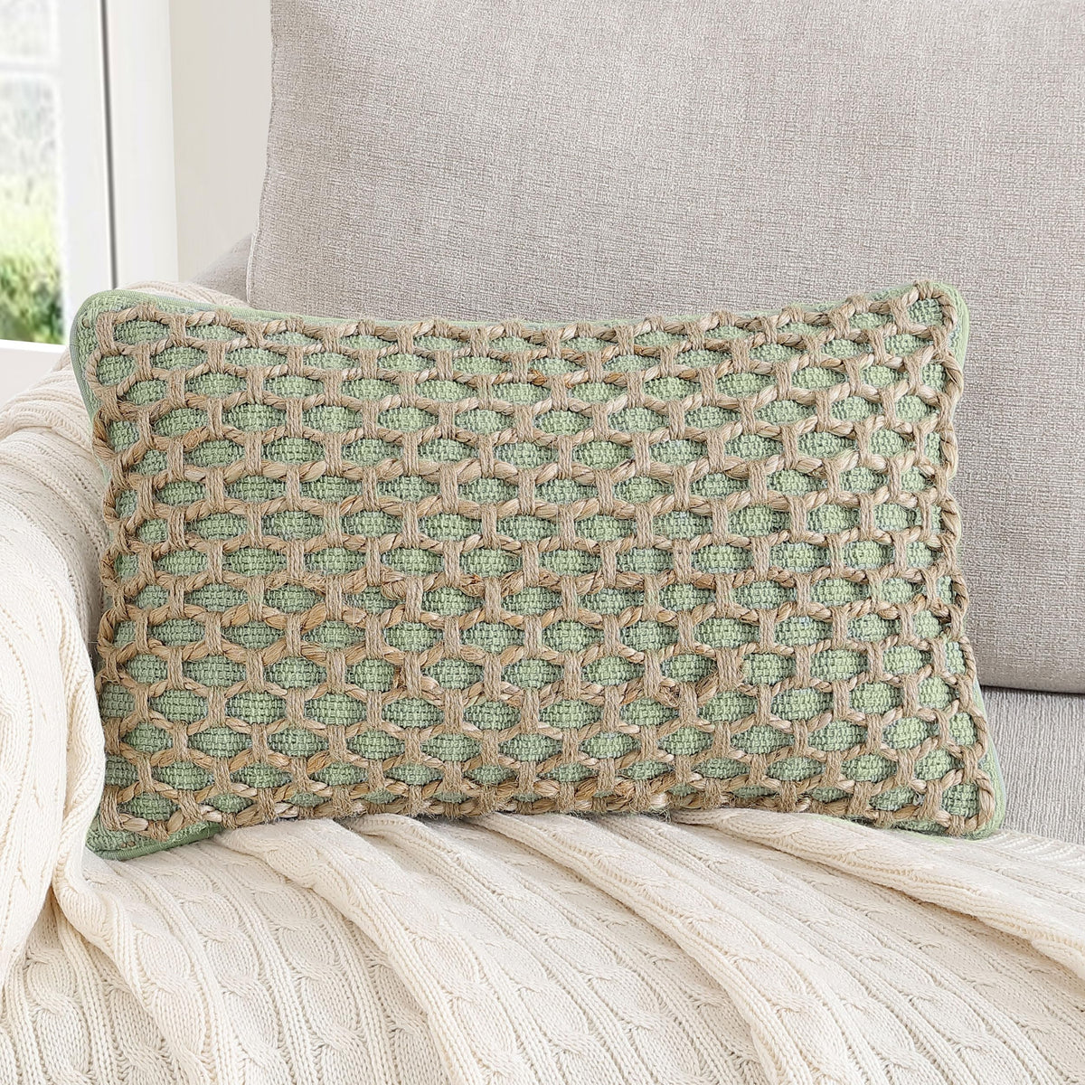 Boho Living Jada Decorative Throw, Includes Accent, Premium Woven Design, Living Room Décor, (1) 20" x 20" Pillow Cover with Insert, White