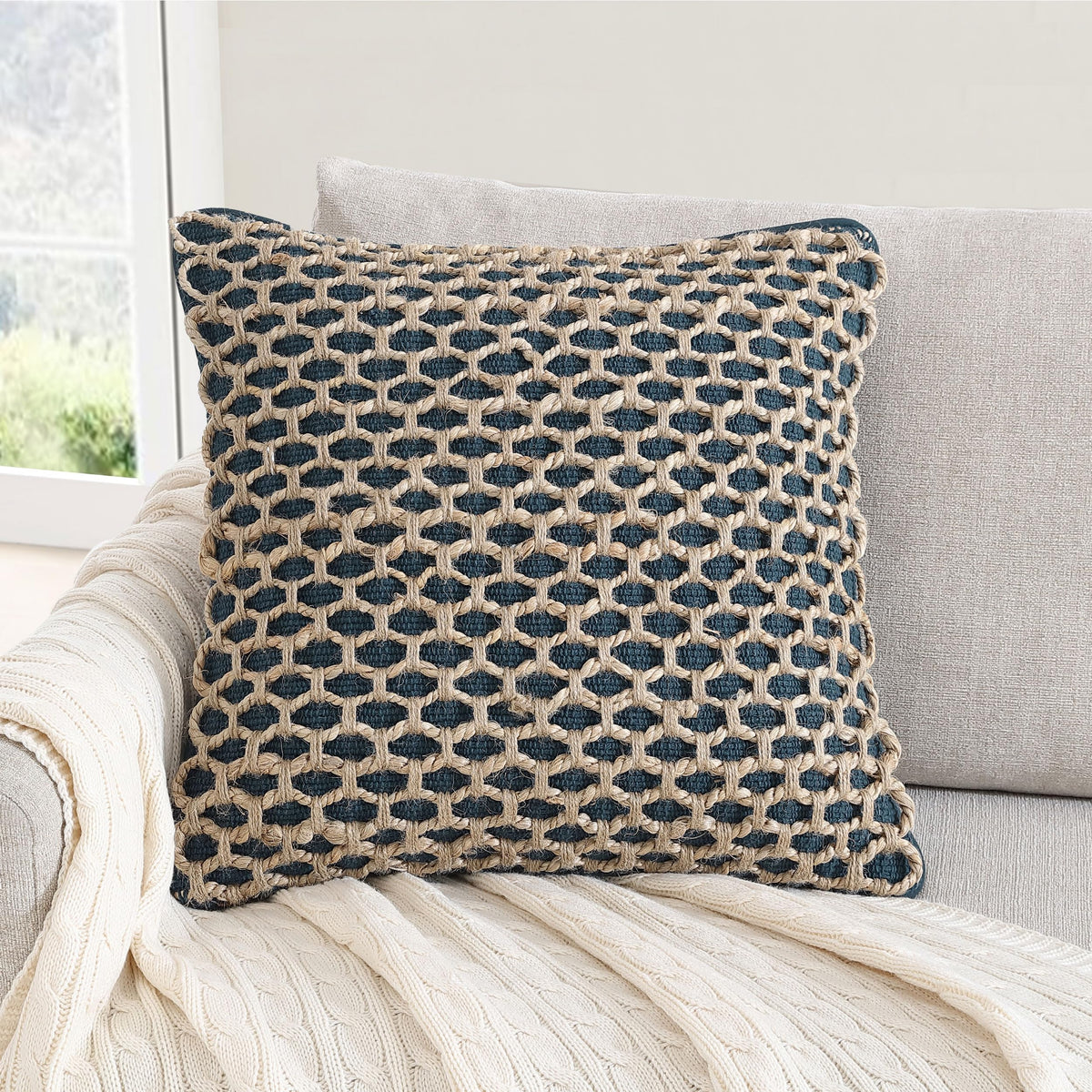 Boho Living Jada Decorative Throw, Includes Accent, Premium Woven Design, Living Room Décor, (1) 20" x 20" Pillow Cover with Insert, White