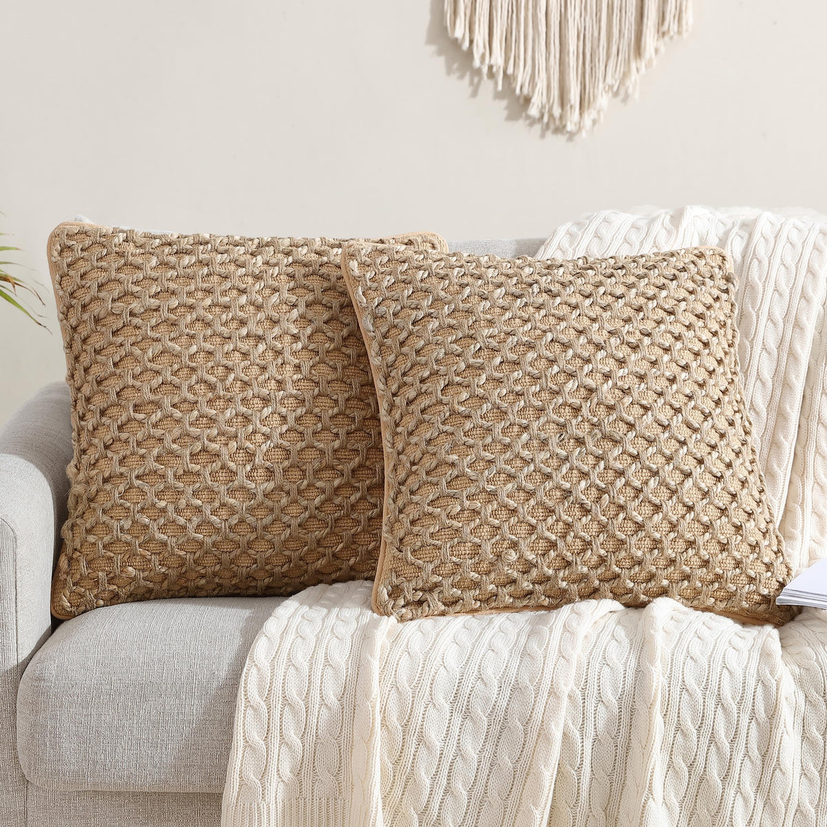 Boho Living Jada Decorative Throw, Includes Accent, Premium Woven Design, Living Room Décor, (1) 20" x 20" Pillow Cover with Insert, White