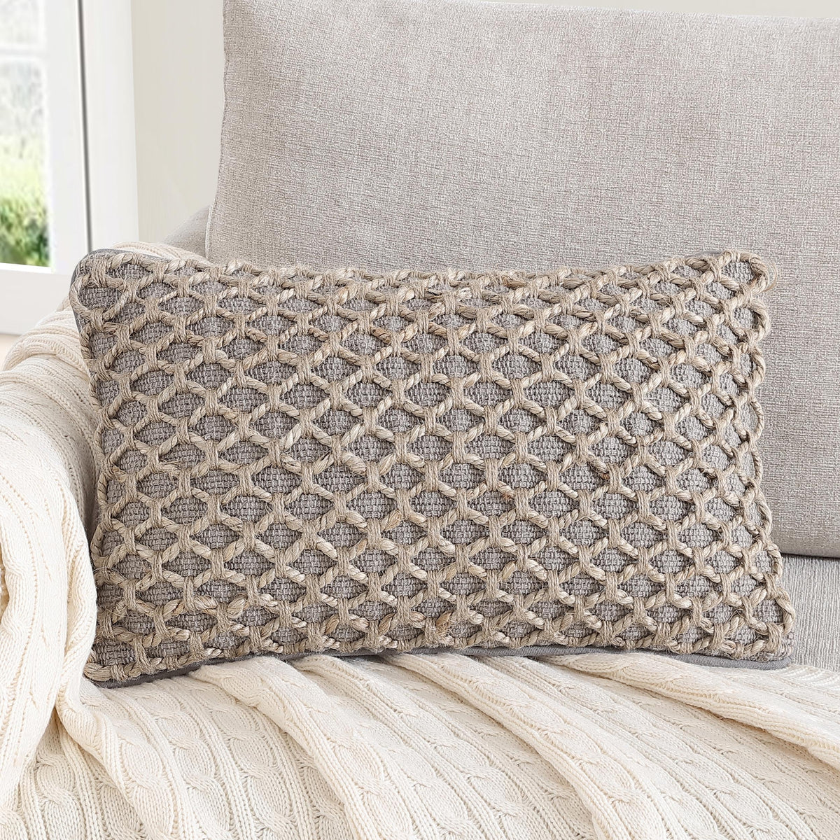 Boho Living Jada Decorative Throw, Includes Accent, Premium Woven Design, Living Room Décor, (1) 20" x 20" Pillow Cover with Insert, White