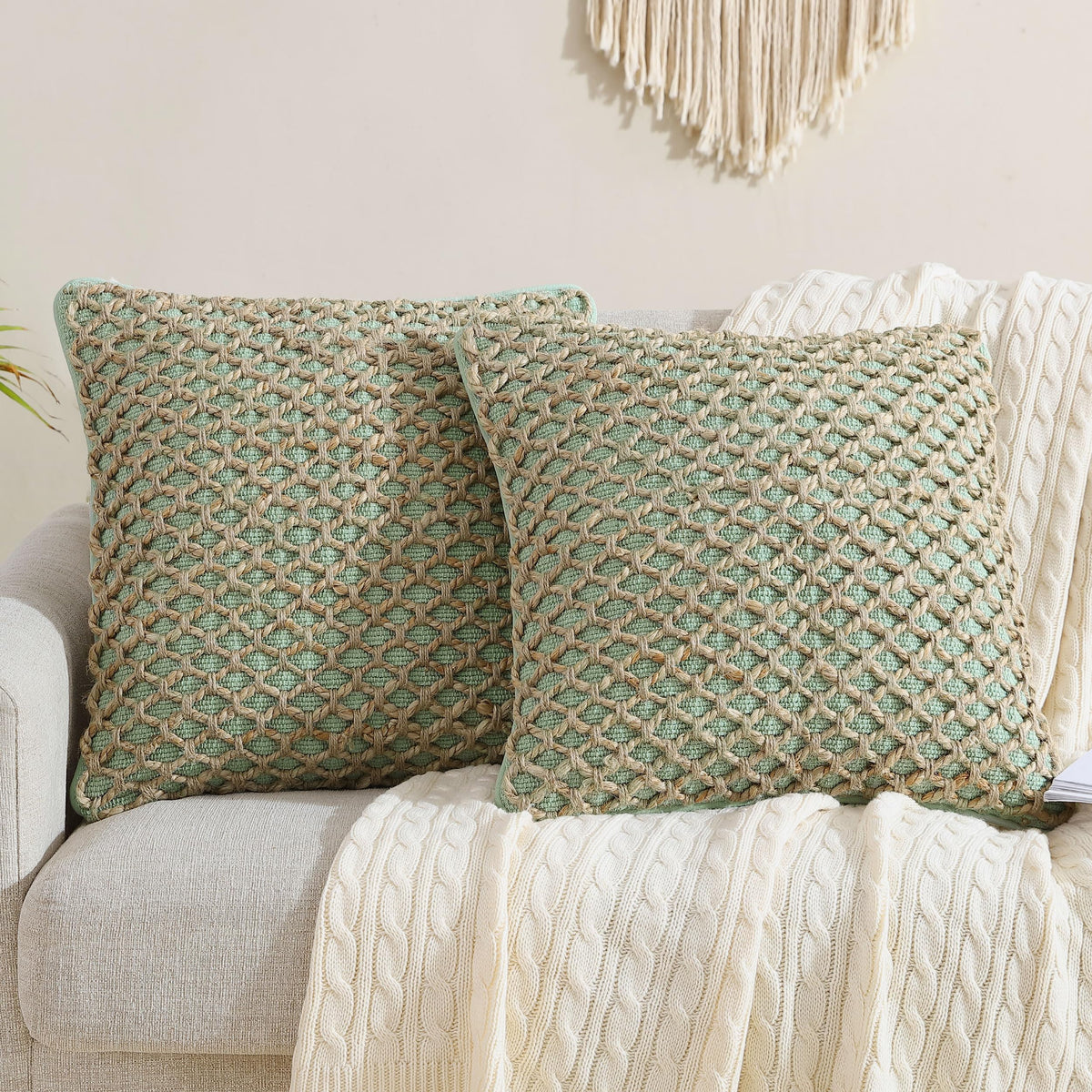 Boho Living Jada Decorative Throw, Includes Accent, Premium Woven Design, Living Room Décor, (1) 20" x 20" Pillow Cover with Insert, White