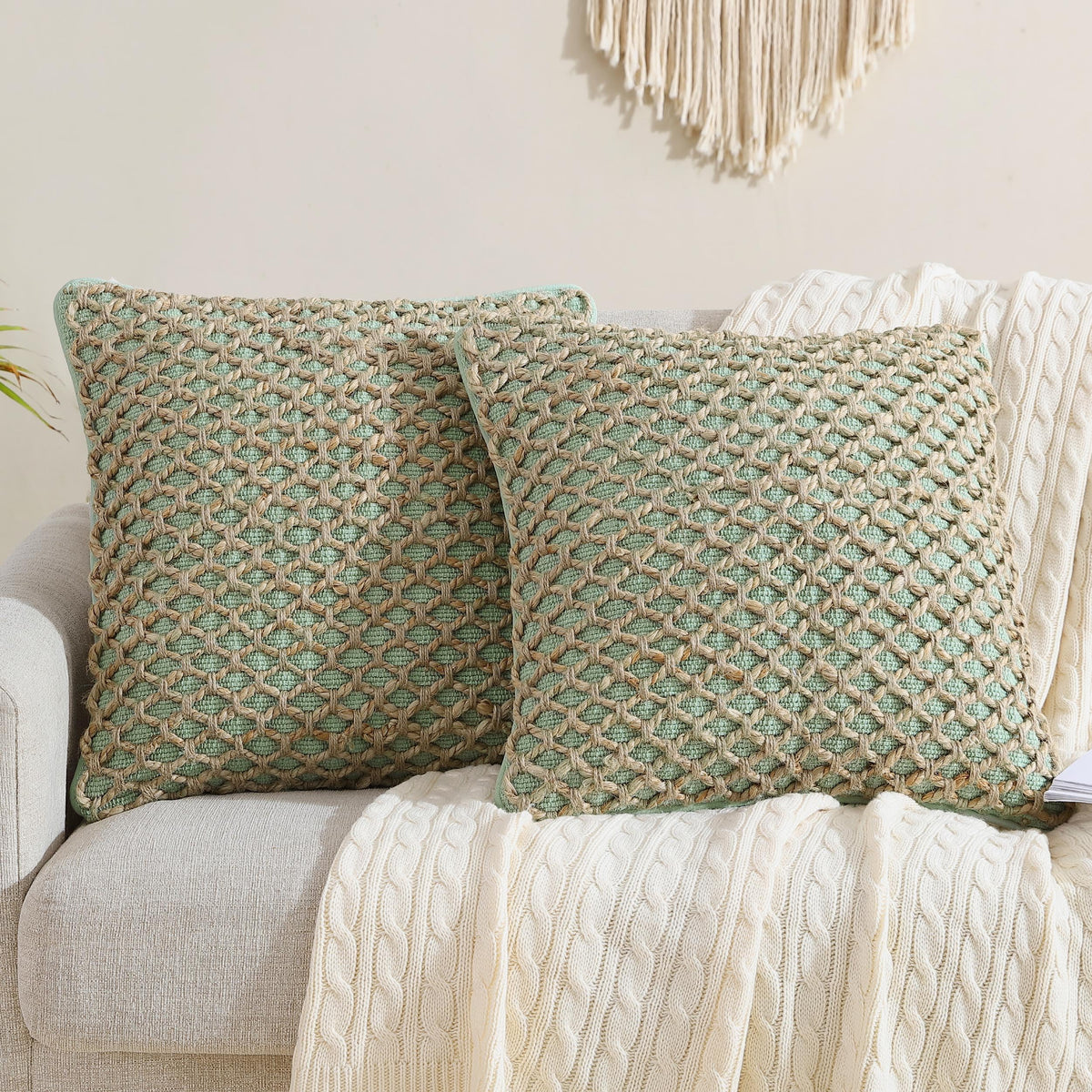 Boho Living Jada Decorative Throw, Includes Accent, Premium Woven Design, Living Room Décor, (1) 20" x 20" Pillow Cover with Insert, White