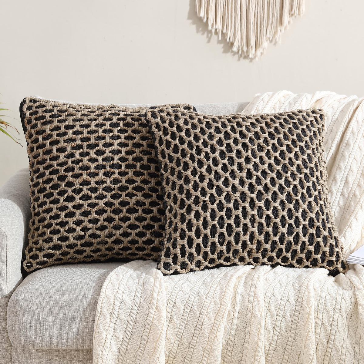 Boho Living Jada Decorative Throw, Includes Accent, Premium Woven Design, Living Room Décor, (1) 20" x 20" Pillow Cover with Insert, White