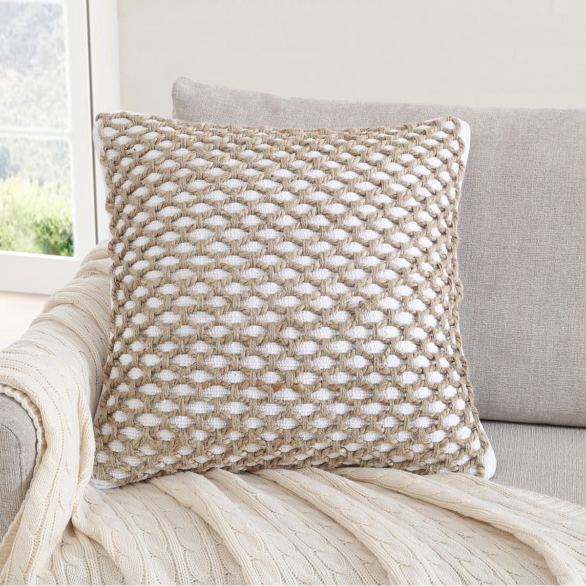 Boho Living Jada Decorative Throw, Includes Accent, Premium Woven Design, Living Room Décor, (1) 20" x 20" Pillow Cover with Insert, White
