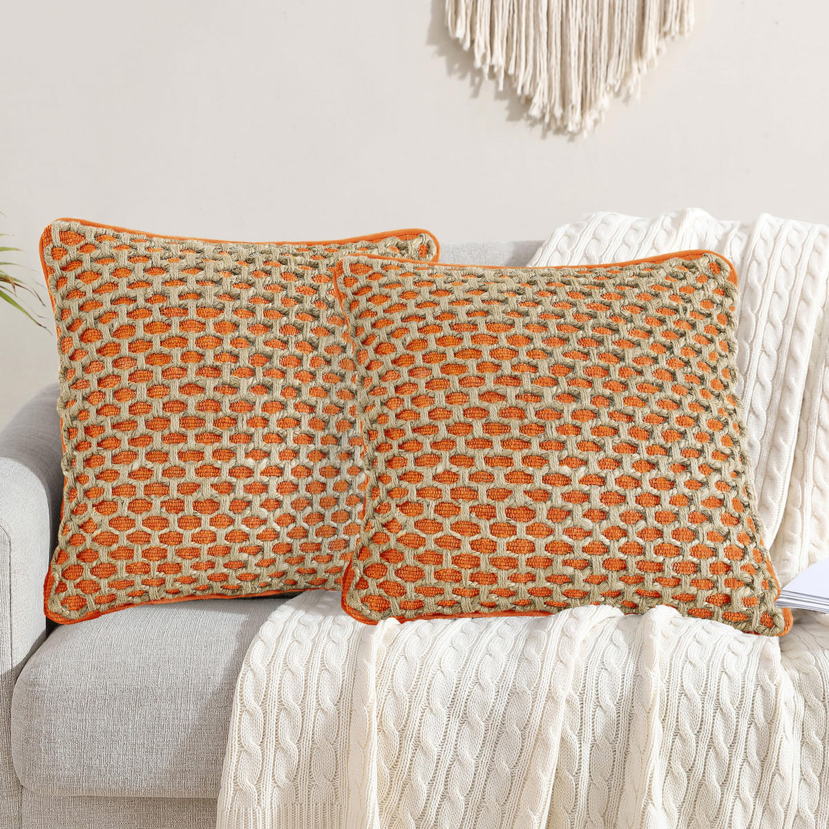 Boho Living Jada Decorative Throw, Includes Accent, Premium Woven Design, Living Room Décor, (1) 20" x 20" Pillow Cover with Insert, White