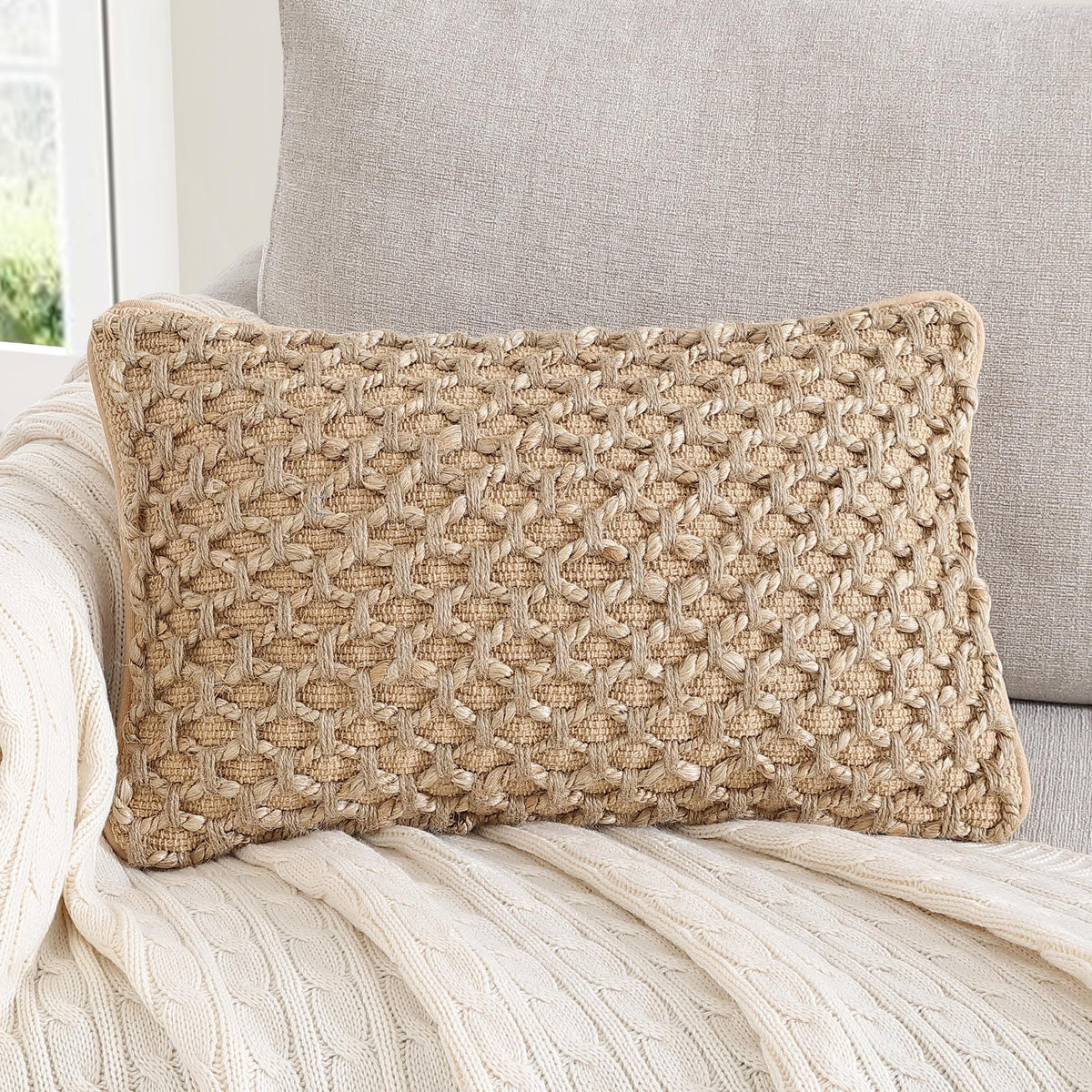 Boho Living Jada Decorative Throw, Includes Accent, Premium Woven Design, Living Room Décor, (1) 20" x 20" Pillow Cover with Insert, White