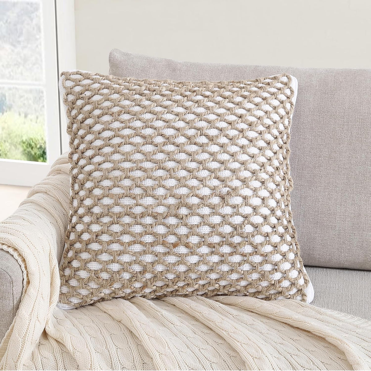 Boho Living Jada Decorative Throw, Includes Accent, Premium Woven Design, Living Room Décor, (1) 20" x 20" Pillow Cover with Insert, White