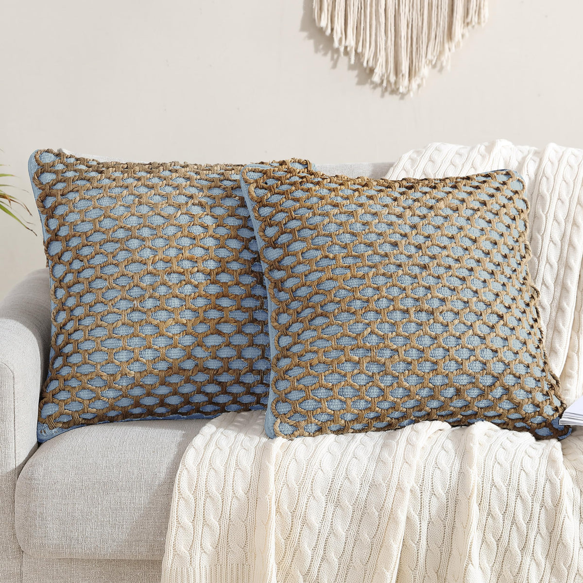Boho Living Jada Decorative Throw, Includes Accent, Premium Woven Design, Living Room Décor, (1) 20" x 20" Pillow Cover with Insert, White