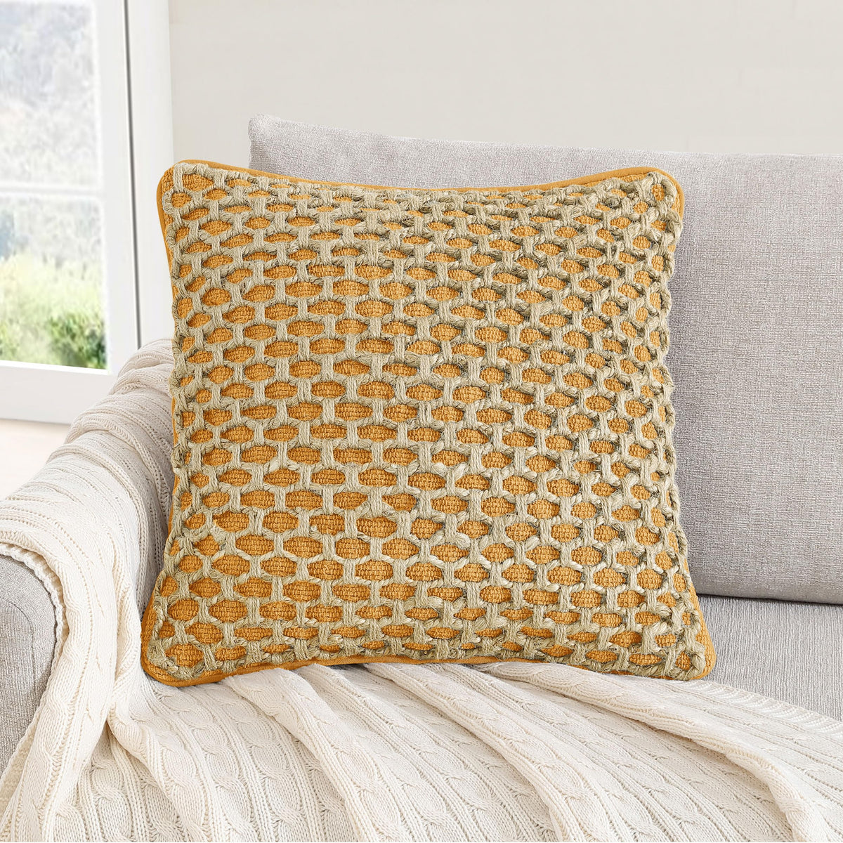 Boho Living Jada Decorative Throw, Includes Accent, Premium Woven Design, Living Room Décor, (1) 20" x 20" Pillow Cover with Insert, White
